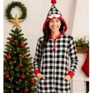 Women’s Cozy Fleece Hooded One Piece Pajamas Gnome Black White Buffalo Plaid Med
